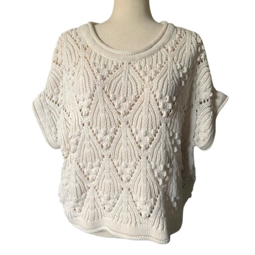 Chunky Fisherman Cotton Knit Sweater 2X Boho Cottagecore Textured Pom Pom Cream